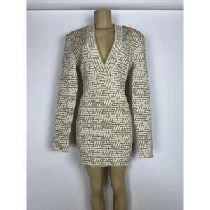 NWT Balmain Women's Natural V-neck Monogram Knitted Mini Dress Size 44